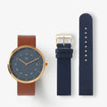 MUSTANG BROWN 40MM + NAVY LEATHER STRAP SET  (GOLD)