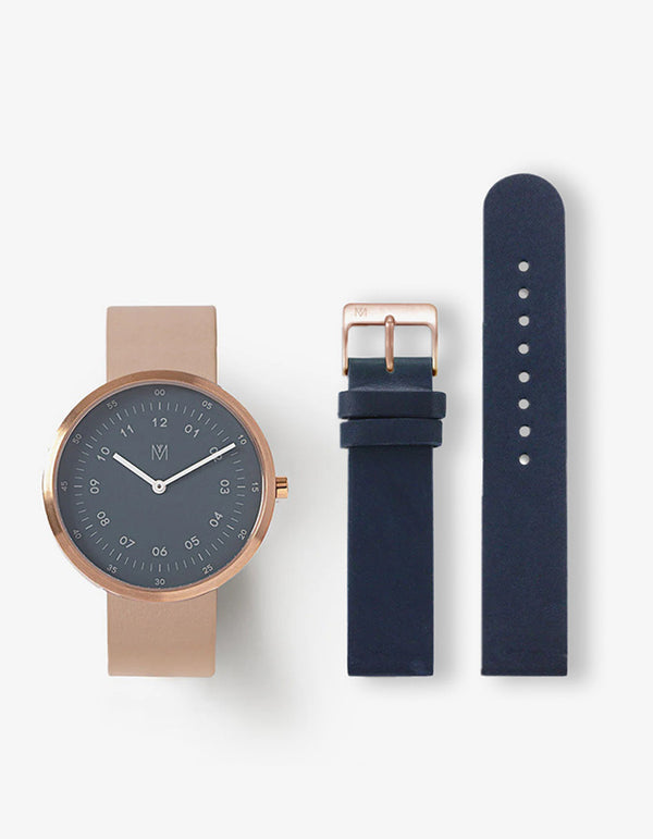 STORM CLOUD CAMEL 40MM + NAVY LEATHER STRAP SET (ROSE GOLD)